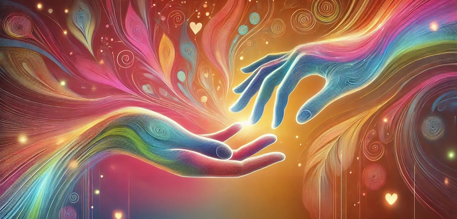 Two hands gently touching with glowing colorful light patterns and swirling designs, symbolizing kindness, connection, and the ripple effect of positive actions.